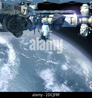 3D-Illustration der Internationalen Raumstation, die über der Erde fliegt, in detaillierter Nahaufnahme mit Kopierraum für wissenschaftliche Hintergründe. Stockfoto