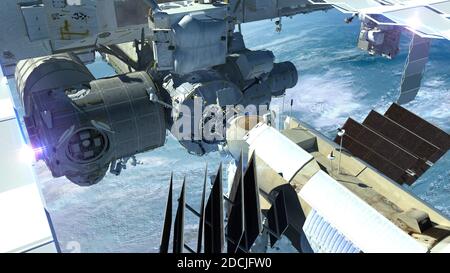 3D-Illustration der Internationalen Raumstation, die über der Erde fliegt, in detaillierter Nahaufnahme für wissenschaftliche Hintergründe. Elemente dieses Bildes eingerichtet Stockfoto