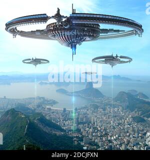 3D Illustration von Alien-Raumschiffen oder Drohnenflotte liefern Energie, über Rio De Janeiro, Brasilien, für futuristische interstellare Reisen, Energieversorgung, o Stockfoto