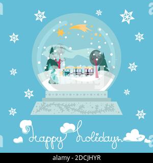 Puffing Zug in Snow Globe auf blauem Hintergrund Stock Vektor