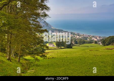 Landschaftlich schöner Blick auf Penmaenmawr mit der Irischen See an einem sonnigen Tag, Nordwales, Großbritannien. Stockfoto