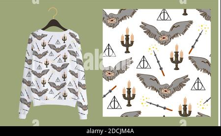 Modischer, moderner Druck für Stoffe und Textilien. Magische Schule nahtlose Muster. Eule Mailing auf einem weißen Hintergrund. Design von Jugendkleidung. Stock Vektor