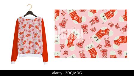 Trenachender Weihnachtsdruck für Stoff und Textil. Nahtloses Muster für neue Jahre. Weihnachtssocke. Wintermuster auf rosa Hintergrund. Stock Vektor