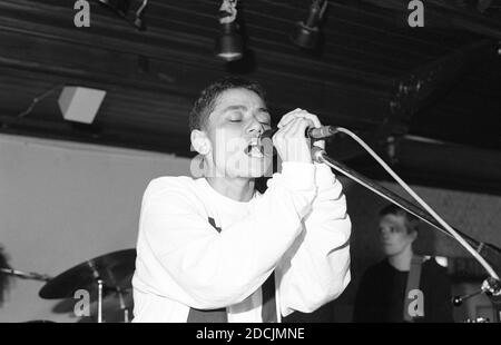 Donna Savage von der neuseeländischen Indie-Band Dead Famous People, die am 12. Oktober 1990 in Bedford Esquires auftrat. Stockfoto