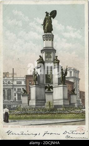 Soldier's and Seemanns' Monument, Detroit, mich., Standbild, Postkarten, 1898 - 1931 Stockfoto