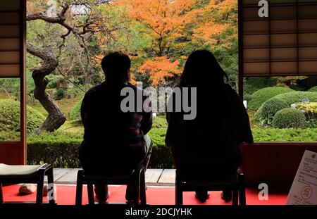 Kyoto, Japan. November 2020. Besucher genießen Herbstblätter im Unryuin Tempel in Kyoto am Samstag, 21. November 2020. Die Menschen genossen farbenfrohe Herbstfärbung in Japans alter Hauptstadt inmitten des Ausbruchs des neuen Coronavirus. Quelle: Yoshio Tsunoda/AFLO/Alamy Live News Stockfoto