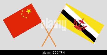 Gekreuzte Flaggen von Brunei und China. Offizielle Farben. Korrektes Verhältnis. Vektorgrafik Stock Vektor