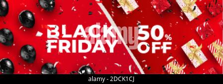 Black friday Sale Banner, bis zu 50% Rabatt. Vektorgrafik. Stock Vektor