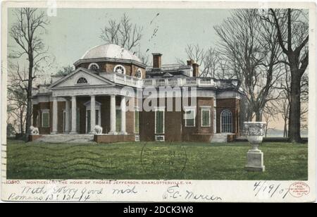 Heimat von Thomas Jefferson, Monticello, Charlottesville, VA., Standbild, Postkarten, 1898 - 1931 Stockfoto