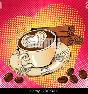 Vektor hellen farbigen Hintergrund in Pop-Art-Stil. Abbildung mit einer Tasse Kaffee und Zimtstangen. Retro-Comic-Style Stock Vektor