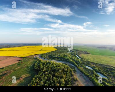 Flug durch majestätischen Fluss, üppig grünen Wald und blühende gelbe Rapsfelder bei Sonnenuntergang. Landschaftsfotografie Stockfoto