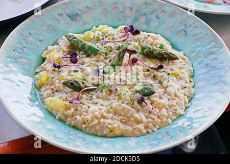 Ein Teller mit frischem Spargelrisotto, italienische Spezialität Stockfoto