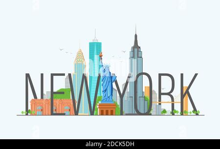 New York Illustration mit moderner Kalligraphie und Freiheitsstatue. Stock Vektor