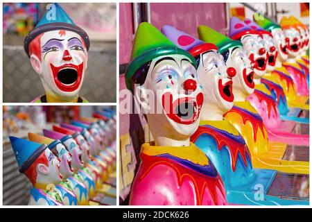 Collage von Clowns für den Ball im Mund Spiel Auf der Seite Showallee bei einer Country Show Stockfoto