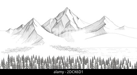 Berglandschaft, Waldkiefern Skizze. Handgezeichnete Vektorgrafik. Stock Vektor