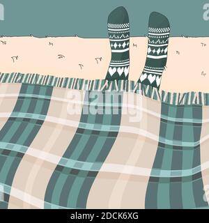 Frau oder Mann in unter dem blauen gemütlichen Winter Weihnachten Karierten Stricksocken auf dem Bett im Schlafzimmer Stock Vektor
