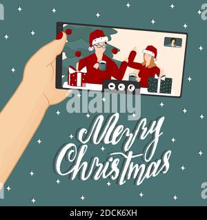 Mobiltelefon Videoanruf mit Familie oder Freunden an Weihnachten Neujahrszeit und fröhliche Weihnachtsschrift Stock Vektor