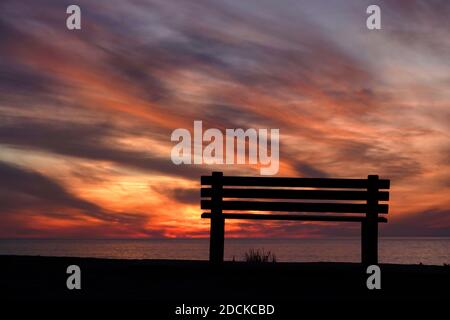 San Diego, Kalifornien, USA. November 2020. Eine Bank sitzt während des Sonnenuntergangs am Windansea Beach in La Jolla leer. Mit COVID-19-Infektionen, die über den Staat, Gov. Gavin Newsom gab eine nächtliche Ausgangssperre aus, die "unwesentliche" Aktivitäten und Versammlungen zwischen 10 Uhr und 5 Uhr Verbot.Kredit: K.C. Alfred/ZUMA Wire/Alamy Live News Stockfoto