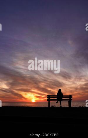 San Diego, Kalifornien, USA. November 2020. Eine Frau sitzt während des Sonnenuntergangs am Windansea Beach in La Jolla auf einer Bank. Mit COVID-19 Infektionen in ganz Kalifornien, Gov. Gavin Newsom gab eine nächtliche Ausgangssperre aus, die "unwesentliche" Aktivitäten und Versammlungen zwischen 10 Uhr und 5 Uhr Verbot.Kredit: K.C. Alfred/ZUMA Wire/Alamy Live News Stockfoto