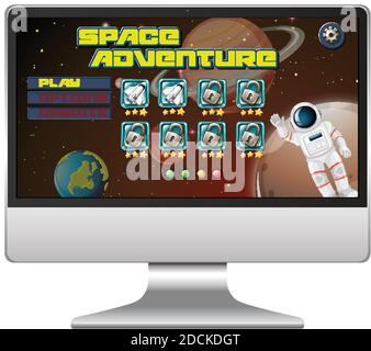 Weltraum Abenteuer Mission Spiel auf Computer-Bildschirm Illustration Stock Vektor