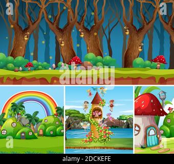 Vier verschiedene Szene der Fantasy-Welt mit schönen Feen in Das Märchen und Wald bei Nacht Szene und Pilz Haus und Schloss Illustration Stock Vektor