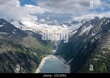 Blick vom Berliner Höhenweg auf den Schlegeisstausee, Schlegeisstausee, Zillertaler Alpen, Schlegeiskeesgletscher, Zillertal, Tirol, Österreich Stockfoto