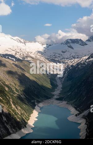 Blick vom Berliner Höhenweg auf den Schlegeisstausee, Schlegeisstausee, Zillertaler Alpen, Schlegeiskeesgletscher, Zillertal, Tirol, Österreich Stockfoto