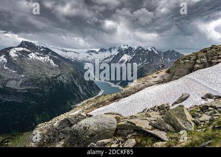 Blick vom Berliner Höhenweg, Schlegeisstausee, Schlegeisstausee, Zillertaler Alpen, Schlegeiskeesgletscher, Zillertal, Tirol, Österreich Stockfoto