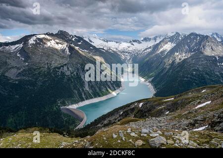 Blick vom Berliner Höhenweg auf den Schlegeisstausee, Schlegeisstausee, Zillertaler Alpen, Schlegeiskeesgletscher, Zillertal, Tirol, Österreich Stockfoto