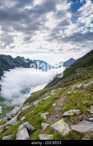 Greizer Hütte, Berliner Höhenweg, Nebelverhangertal, Bergtal Floitengrund, Zillertaler Alpen, Zillertal, Tirol, Österreich Stockfoto