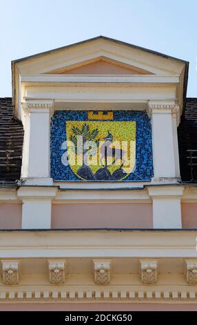 Stadtwappen von Bad Ischl im Kongress- und Theaterhaus im Kurpark, Bad Ischl, Salzkammergut, Oberösterreich, Österreich Stockfoto