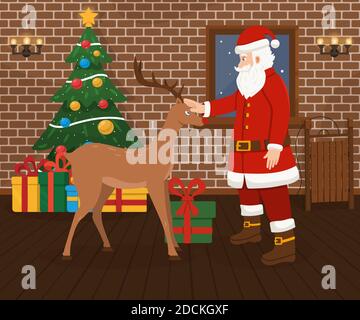 Weihnachtsmann und Weihnachtshirsch, geschmückter Weihnachtsbaum und Geschenke. Frohe Weihnachten und glückliches neues Jahr Vektor-Illustration. Stock Vektor