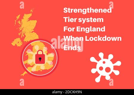 Covid-19 verstärktes Tier-System für england nach Lockdown - Vektor-Illustration auf rotem Hintergrund mit einem Virus-Symbol. Stock Vektor