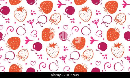 Strawberry und Cherry Nahtloses Muster. Rosa orange Beeren auf weißem Hintergrund. Vektor-Illustration für Kinder, Erwachsene, Kaffee, zu Hause Stock Vektor