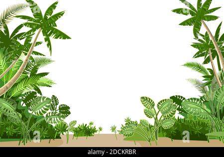 Dschungel. Rahmen aus tropischen Pflanzen und Palmen. Pflanzen wachsen im Sand. Flacher Style. Isoliert auf weißem Hintergrund. Stockfoto