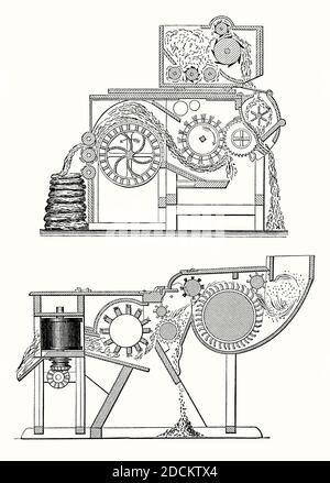 Eine alte Gravur, die zeigt, wie frühe Baumwollgins funktionieren. Es ist aus einem viktorianischen Maschinenbaubuch der 1880er Jahre. Ein Cotton Gin (Cotton Engine) ist eine Maschine, die Baumwollfasern von ihren Samen trennt. Die Fasern werden dann zu verschiedenen Baumwollwaren verarbeitet. Die Samen können verwendet werden, um Baumwollsaatenöl zu machen. Der mechanische Baumwoll-Gin wurde 1793 von der Amerikanerin Eli Whitney erfunden. Whitneys Gin verwendete einen Drahtschieber und kleine Drahthaken, um die Baumwolle durchzuziehen, während Bürsten die lose Baumwollflusen entfernten. Die obere Abbildung zeigt eine Version seines Gins, der untere Gin ist eine Variante. Stockfoto