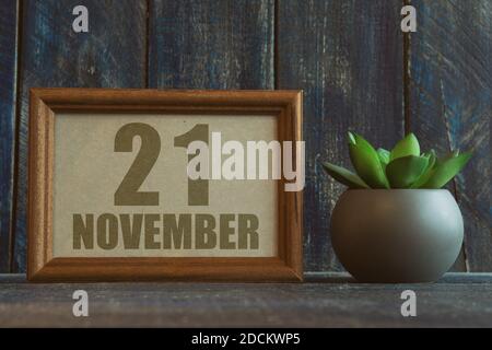 november 21st. Tag 20 des Monats, Datum im Rahmen neben Sukkulente auf Holzhintergrund Herbstmonat, Tag des Jahres Konzept Stockfoto