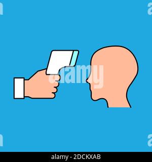 Das Schild für die Körpertemperatur prüfen. Kein Kontaktthermometer und ein Kopf. Farbsymbol auf blauem Hintergrund. Infrarot-Laser-Digitalthermometer. Thermo-Pistolenscanner Stock Vektor