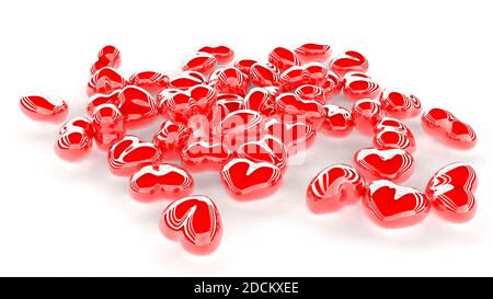 Abstrakt rot weiche Herzen Liebe Symbol fallen auf weißen Valentine 3D-Rendering am Tag Stockfoto