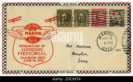 Marion, Ohio, USA - 16. Juni 1931: Historischer Umschlag: Umschlag mit Flugpachet Widmung des harding-Gedenkens, Luftpost, vier Briefmarken Stockfoto