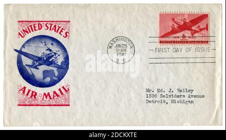 Washington D.C., USA - 25. Juni 1941: Historischer Briefumschlag: Brief mit Flugpost, Douglas DC-3 Briefmarke, sechs Cent, erster Tag Stockfoto