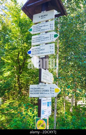 Jicin (Jitschin): Wegweiser in Prachov Felsen (Prachovske skaly, Prachauer Felsen) im Böhmischen Paradies, Cesky raj, Böhmisches Paradies, Kralovehradecky Stockfoto