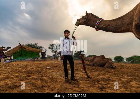 Porträt eines rajasthani Junge Kamelbildner mit ihrem Kamel in Sanddünen der Wüste mit selektivem Fokus auf Thema und hinzugefügt Lärm und Getreide. Stockfoto