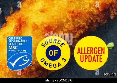 Zertifizierte nachhaltige Meeresfrüchte MSC Logo Quelle von Omega 3 - Informationen zum Paket Captain Birds Eye 6 Chunky Fish Finger - marine Stewardship council Stockfoto