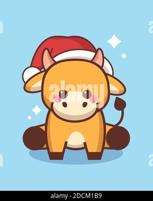 Kleiner Ochse in santa hat glückliches chinesisches neues Jahr 2021 Grußkarte niedliche Kuh Maskottchen Cartoon Charakter voller Länge Vektor Abbildung Stock Vektor