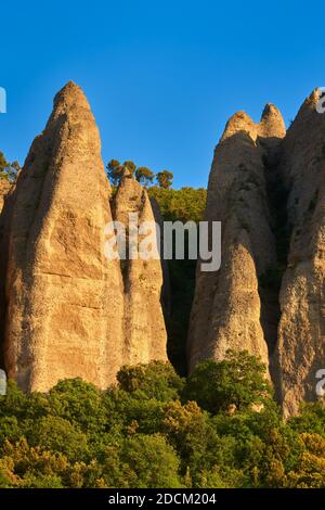 Sonnenuntergang auf monolithischen Felsformationen namens 'Les Pénitents' in der Nähe des Dorfes Les Mées. Provence-Alpes-Cote d'Azur (Region PACA), Frankreich Stockfoto