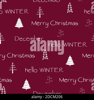 Hallo Winter, dezember, fröhlicher weihnachtstext mit weißen Bäumen auf rotem Hintergrund. Stock Vektor