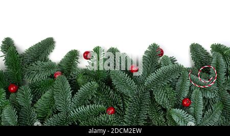 Traditioneller grüner weihnachtsbaum edle Tanne und rote Stechbeeren Rahmen isoliert auf weißem Hintergrund Kopierraum für Text Stockfoto