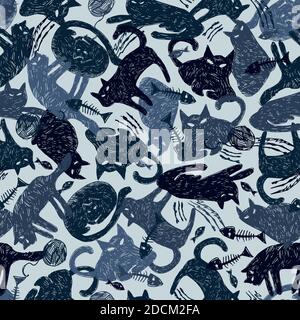 Vektor blau monochrom Geheimnis Katze Stift Skizze nahtlose Muster chaotische Anordnung. Perfekt für Stoff-, Scrapbooking- und Tapetenprojekte. Stock Vektor