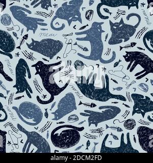 Vektor hellblau monochrom Geheimnis Katze Stift Skizze nahtlose Muster. Perfekt für Stoff-, Scrapbooking- und Tapetenprojekte. Stock Vektor